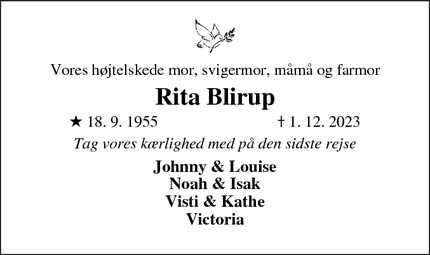 Dødsannoncen for Rita Blirup - Aabybro