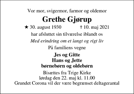 Dødsannoncen for Grethe Gjørup - Trige,  Aarhus N