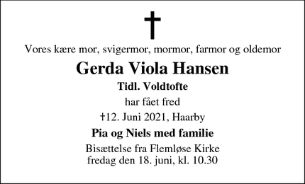 Dødsannoncen for Gerda Viola Hansen - Haarby