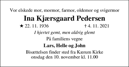 Dødsannoncen for Ina Kjærsgaard Pedersen - Saltofte