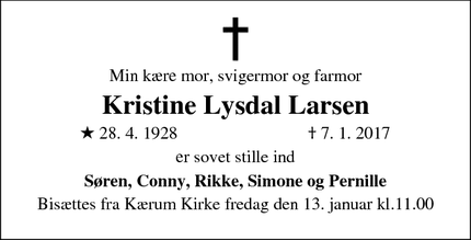 Dødsannoncen for Kristine Lysdal Larsen - Assens