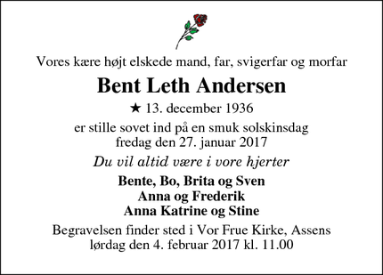 Dødsannoncen for Bent Leth Andersen - Assens