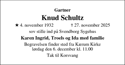 Dødsannoncen for Knud Schultz - Kærum, Assens