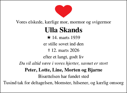 Dødsannoncen for Ulla Skands - Ebberup