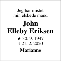 Dødsannoncen for John
Elleby Eriksen - Ølstykke