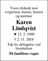 Dødsannoncen for Karen Lindqvist - Jyllinge