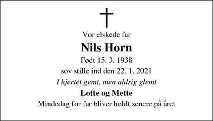 Dødsannoncen for Nils Horn - Stenløse
