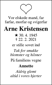 Dødsannoncen for Arne Kristensen - Hillerød