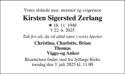 Dødsannoncen for Kirsten Sigersted Zerlang - 4040 Jyllinge