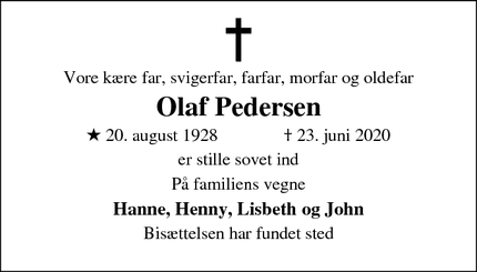 Dødsannoncen for Olaf Pedersen - Hinnerup