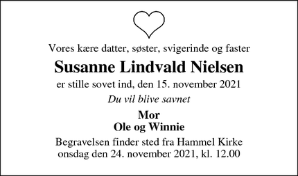 Dødsannoncen for Susanne Lindvald Nielsen - Hammel
