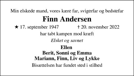 Dødsannoncen for Finn Andersen - Skødstrup