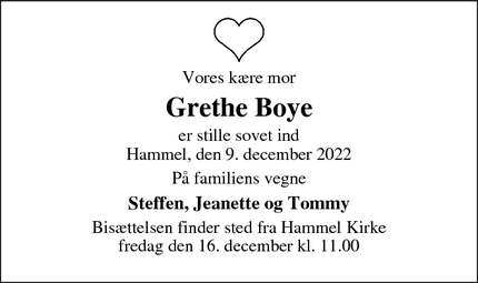Dødsannoncen for Grethe Boye - Tranbjerg
