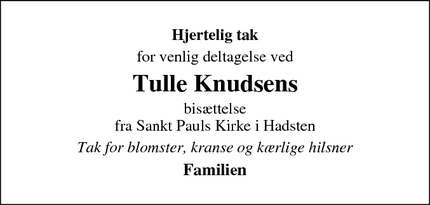 Taksigelsen for Tulle Knudsen - Hadsten