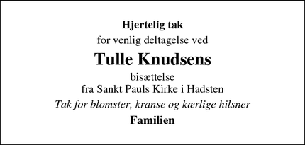 Taksigelsen for Tulle Knudsen - Hadsten