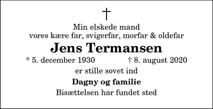 Dødsannoncen for Jens Termansen - Frederikshavn 