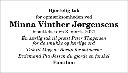 Taksigelsen for Minna Vinther Jørgensens - Jerup