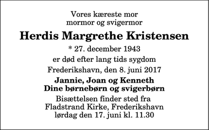 Dødsannoncen for Herdis Margrethe Kristensen - Frederikshavn