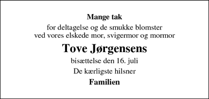 Dødsannoncen for Tove Jørgensens - frederikssund