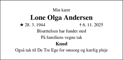 Dødsannoncen for Lone Olga Andersen - Skuldelev