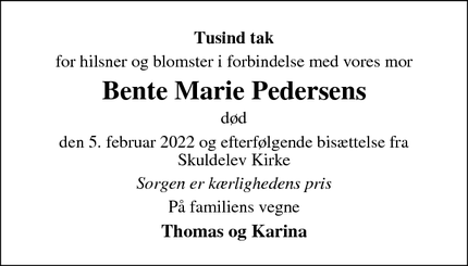 Taksigelsen for Bente Marie Pedersens - Jægerspris