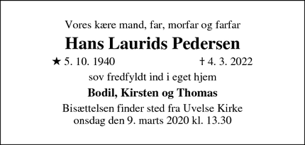 Dødsannoncen for Hans Laurids Pedersen - Slangerup