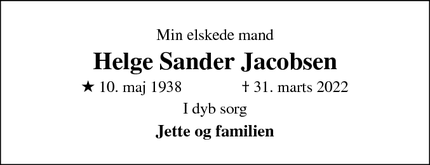 Dødsannoncen for Helge Sander Jacobsen - Slangerup