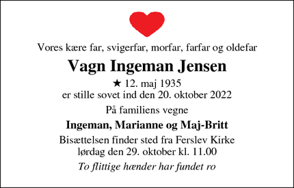 Dødsannoncen for Vagn Ingeman Jensen - Vejleby