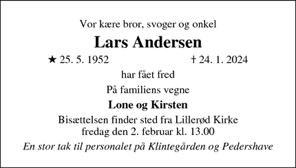 Dødsannoncen for Lars Andersen - Haderslev