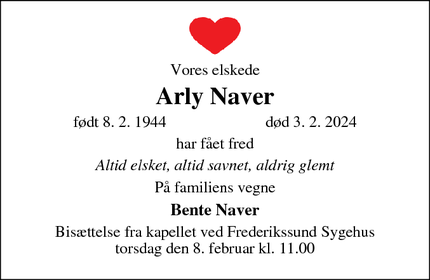 Dødsannoncen for Arly Naver - 3600 Frederikssund