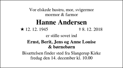 Dødsannoncen for Hanne Andersen - Slangerup