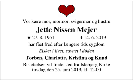 Dødsannoncen for Jette Nissen Mejer - Frederikssund