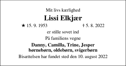 Dødsannoncen for Lissi Elkjær - Tølløse