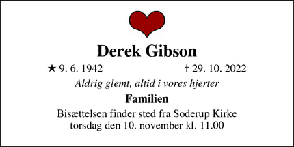 Dødsannoncen for Derek Gibson - Tølløse
