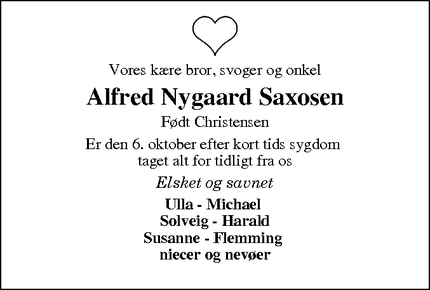 Dødsannoncen for Alfred Nygaard Saxosen - Silkeborg