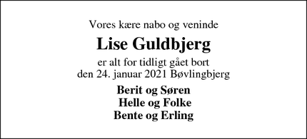 Dødsannoncen for Lise Guldbjerg - Bøvlingbjerg
