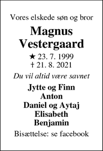 Dødsannoncen for Magnus
Vestergaard - Bøvlingbjerg