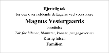 Dødsannoncen for Magnus Vestergaards - Bøvlingbjerg
