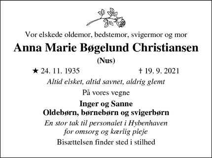 Dødsannoncen for Anna Marie Bøgelund Christiansen - Bonnet 