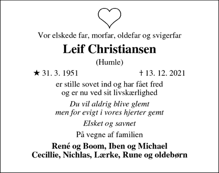 Dødsannoncen for Leif Christiansen - Lemvig