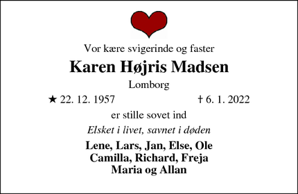 Dødsannoncen for Karen Højris Madsen - Lemvig