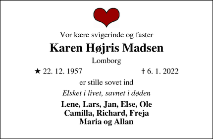 Dødsannoncen for Karen Højris Madsen - Lemvig