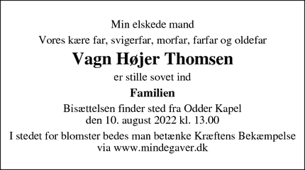 Dødsannoncen for Vagn Højer Thomsen - odder
