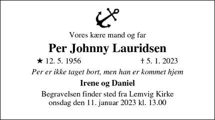 Dødsannoncen for Per Johnny Lauridsen - Lemvig