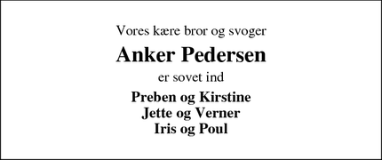 Dødsannoncen for Anker Pedersen - Harboøre
