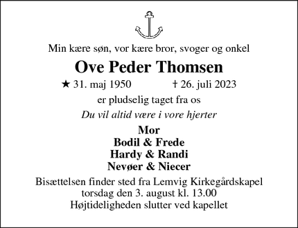Dødsannoncen for Ove Peder Thomsen - Struer