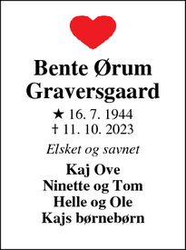 Dødsannoncen for Bente Ørum
Graversgaard - Lemvig 