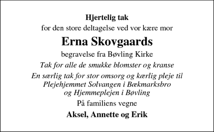 Taksigelsen for Erna Skovgaard - Bøvlinbjerg