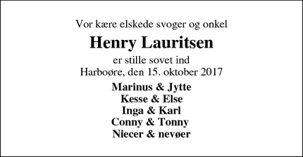 Dødsannoncen for Henry Lauritsen - Harboøre