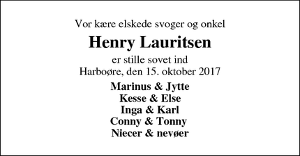 Dødsannoncen for Henry Lauritsen - Harboøre